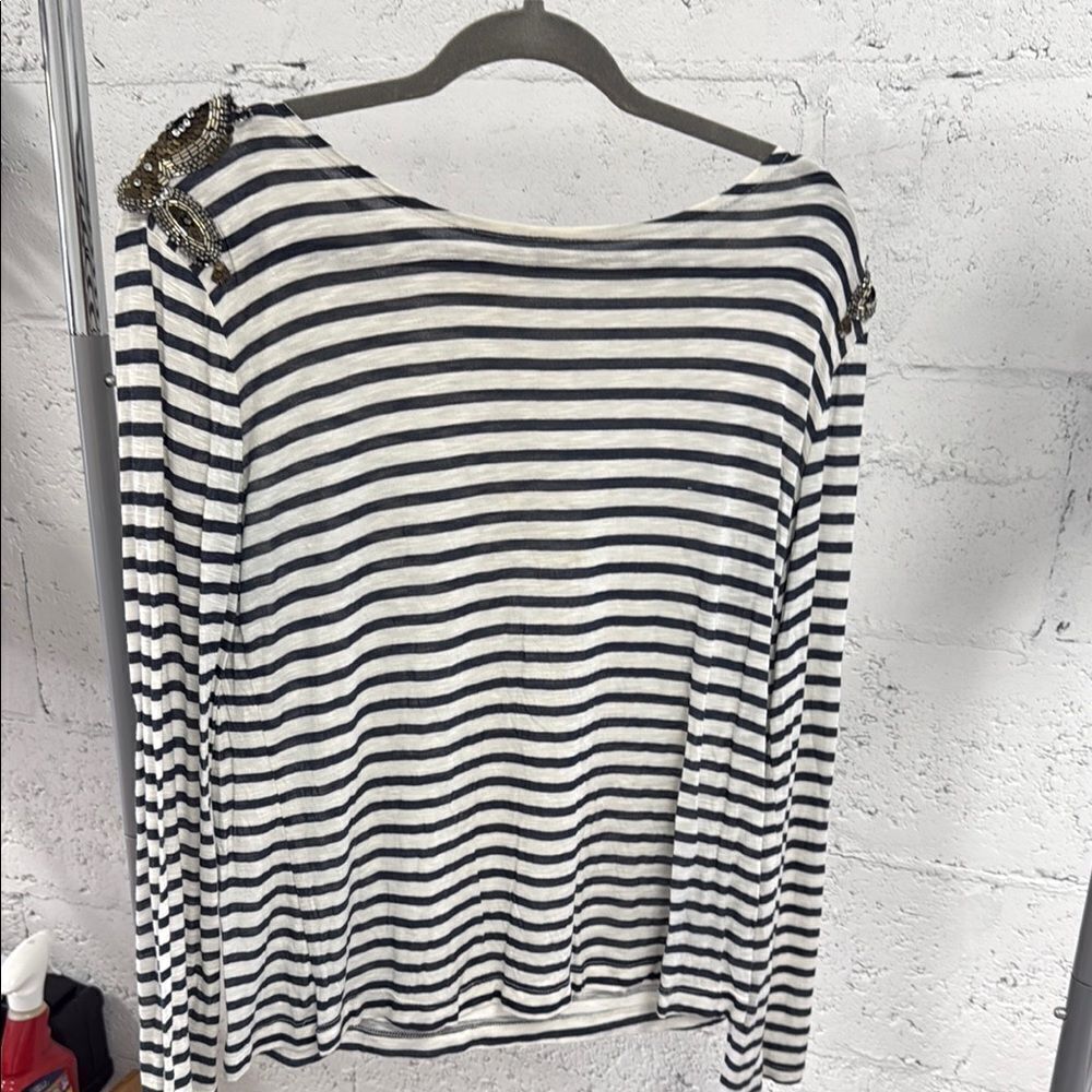 Striped Black and White Women's Top Embellished Beaded Shoulders - Long Sleeve